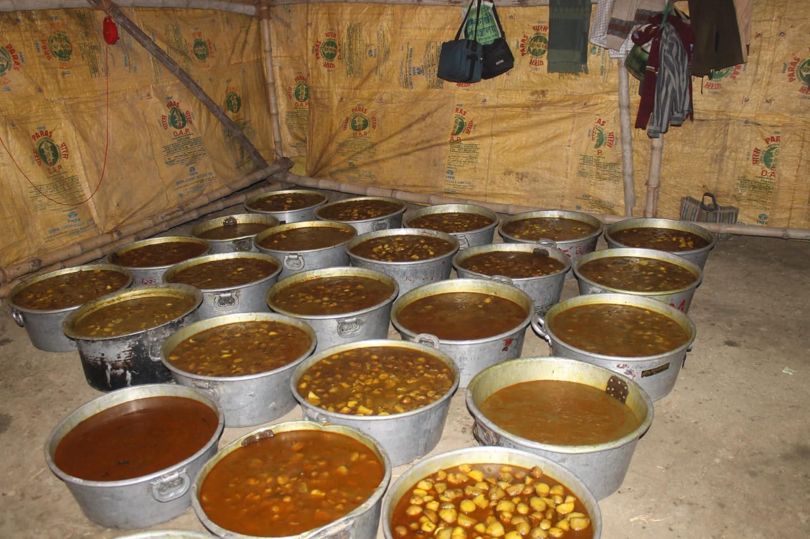 Prepared food vessels for distribution at the Ashram
